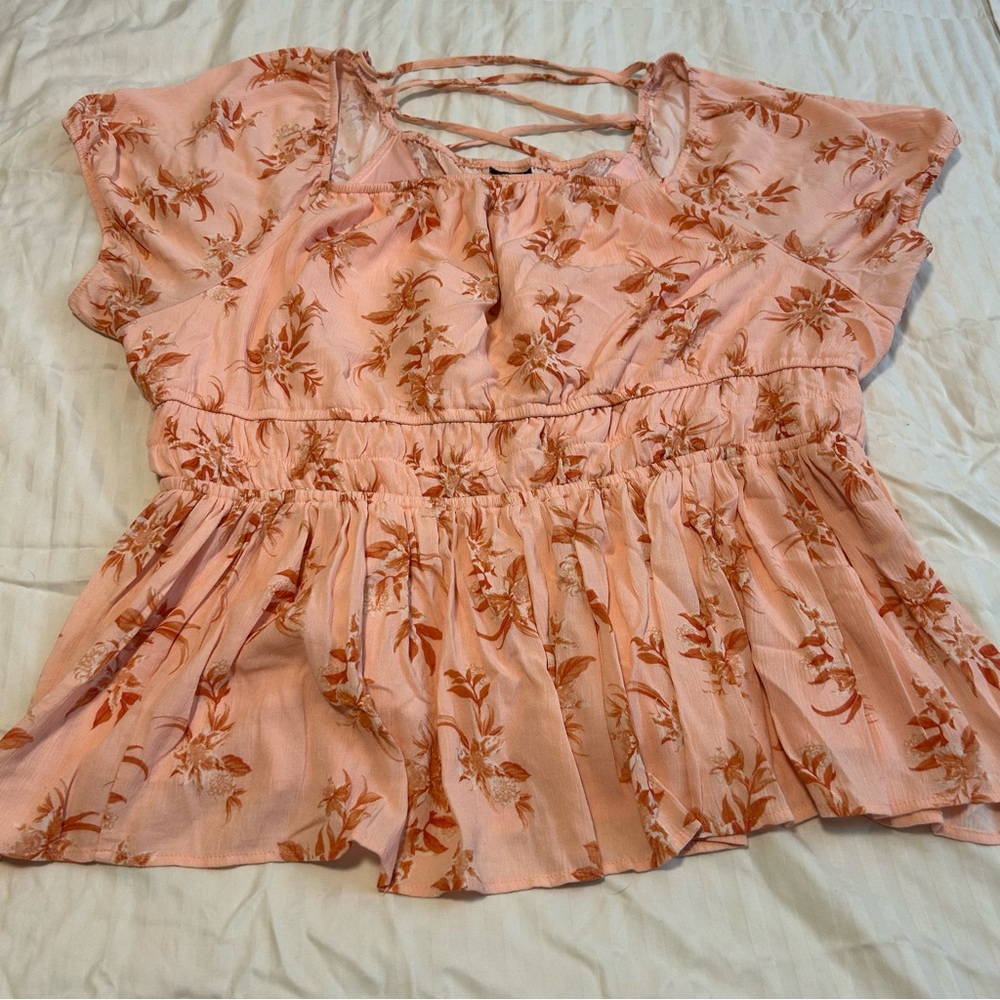 torrid Pink Floral Peplum Blouse with Rust Accents